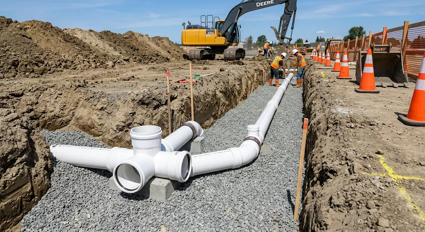 New PVC sewer pipe installation in open trench for Commercial Drain Cleaning in Frankfort