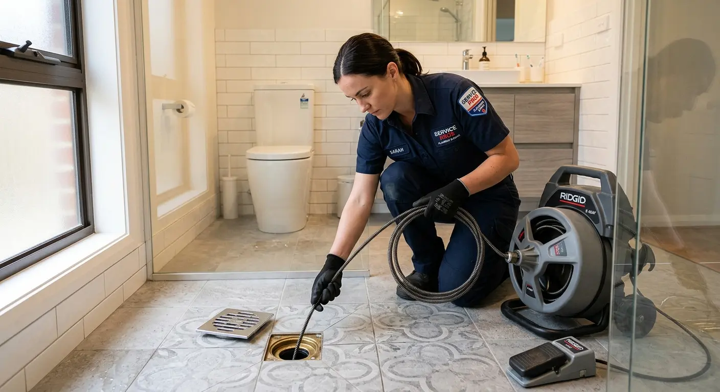 Technician clearing a bathroom floor drain for Clogged Drain Repair in Frankfort